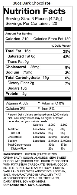 30oz Dark Chocolate Almond Toffee Petites Nutrition Information