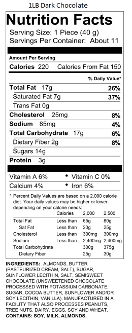 1lb Dark Chocolate Traditional Almond Toffee Nutrition Information