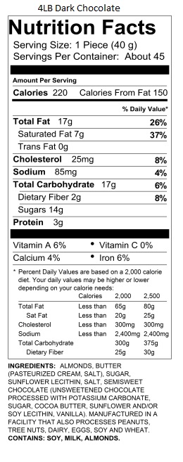 4lb Dark Chocolate Traditional Almond Toffee Nutrition Information