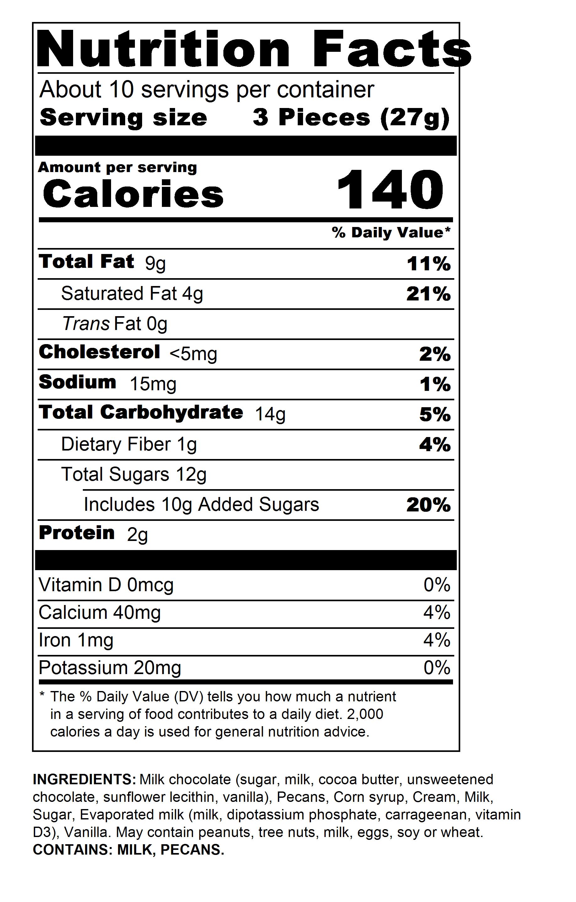 12oz Pecan Caramel Clusters Box 12oz Milk Chocolate Pecan Caramel Clusters Nutrition Information