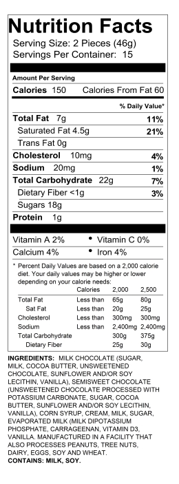 26oz Cream Caramels Box 26oz Milk and Dark Chocolate Cream Caramels Nutrition Information
